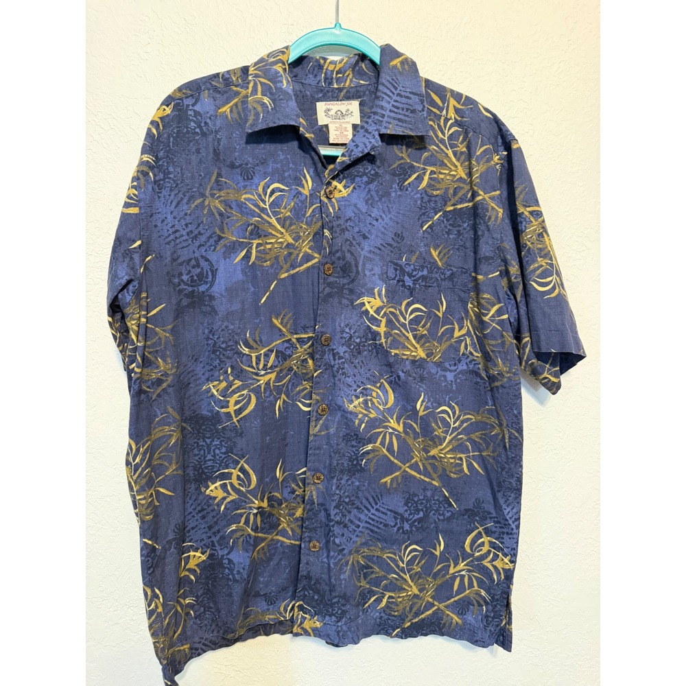 Bungalow Joe Mens XL Blue Gold Tropical Hawaiian‎ Camp Shirt Cotton Rayon Blend